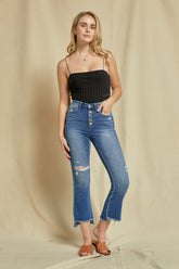 High Rise Crop Flare Buttons Up With Step Hem