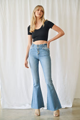 High Rise Super Flare Double Waist Band Detail