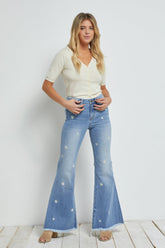 Daisy Embroidered High Rise Super Flare