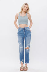 Stretch Super High Rise Mom Jean With Mending