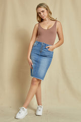 Button Fly Raw Hem Denim Skirt