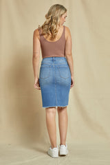 Button Fly Raw Hem Denim Skirt