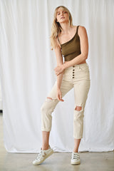 High Rise Boyfriend Crop With Button Up