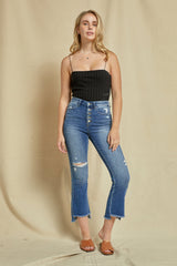 High Rise Crop Flare Buttons Up With Step Hem