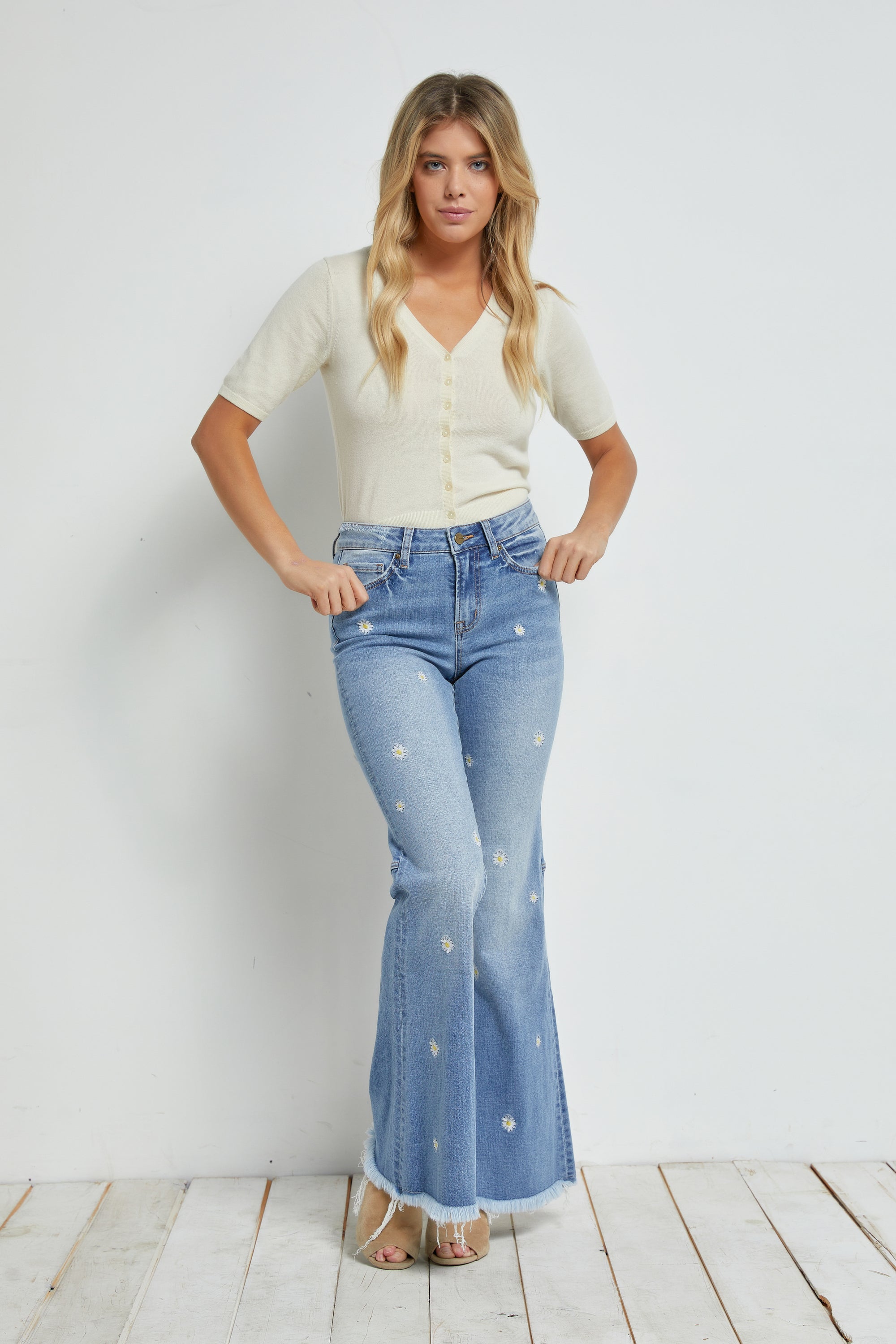 Mica Denim Daisy Embroidered High Rise Super Flare Secondary image