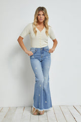 Daisy Embroidered High Rise Super Flare