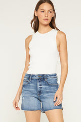 HIGH RISE RAW HEM DENIM SHORTS