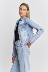 Raw Hem Denim Jacket W Leather Patch