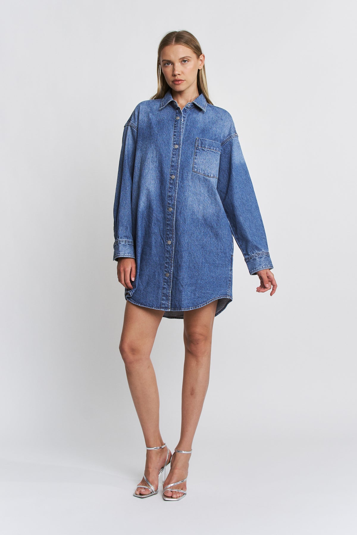 Long Sleeve Shirtdress W Side Seam Pocket