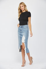 HIGH WAISTED MIDI SKIRT WITH DISTRESSED