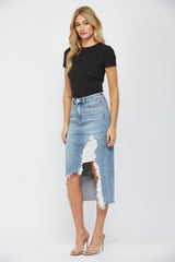 HIGH WAISTED MIDI SKIRT WITH DISTRESSED
