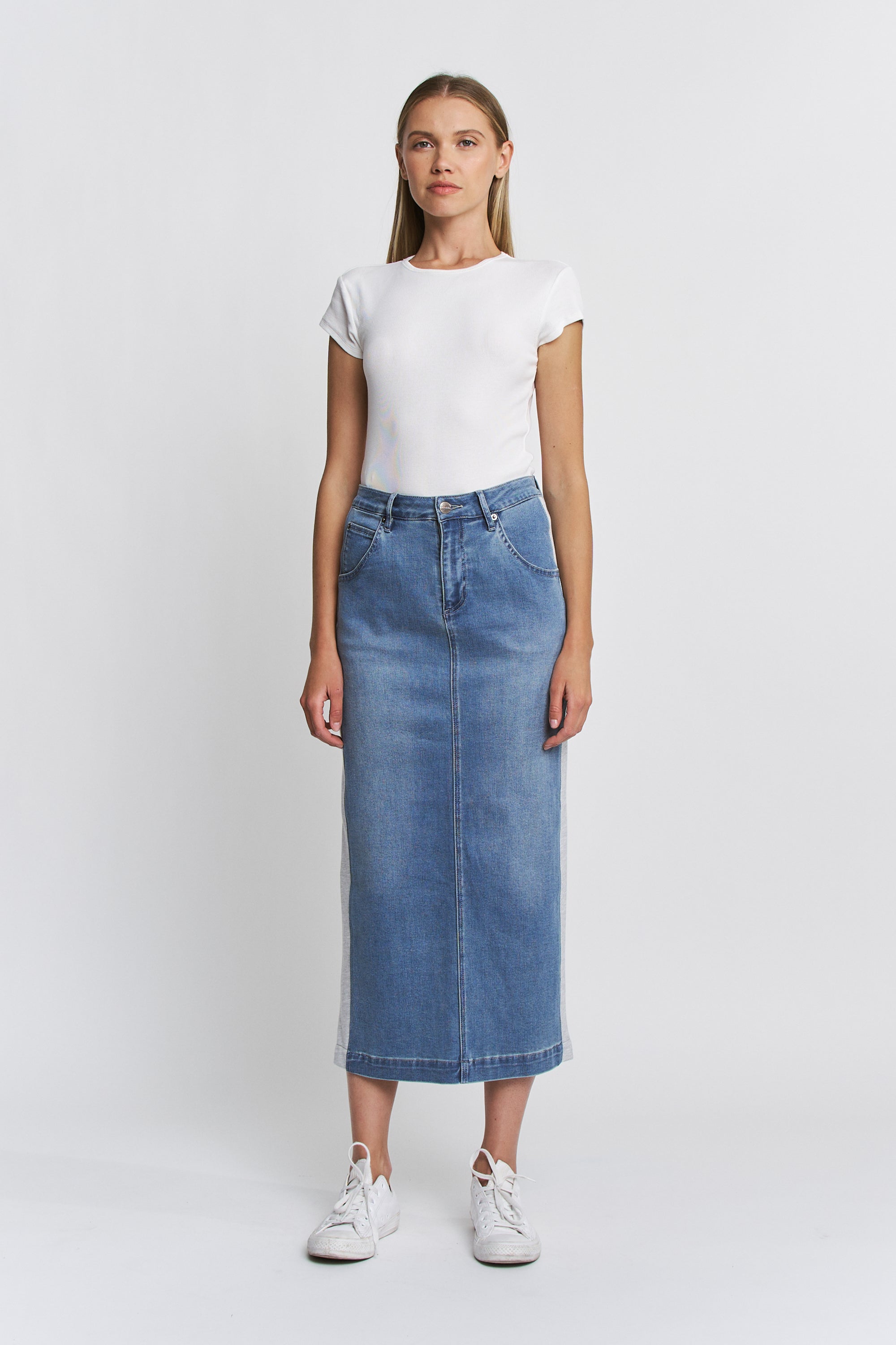 Mica Denim High Rise Midi Skirt Indigo Panels Secondary image
