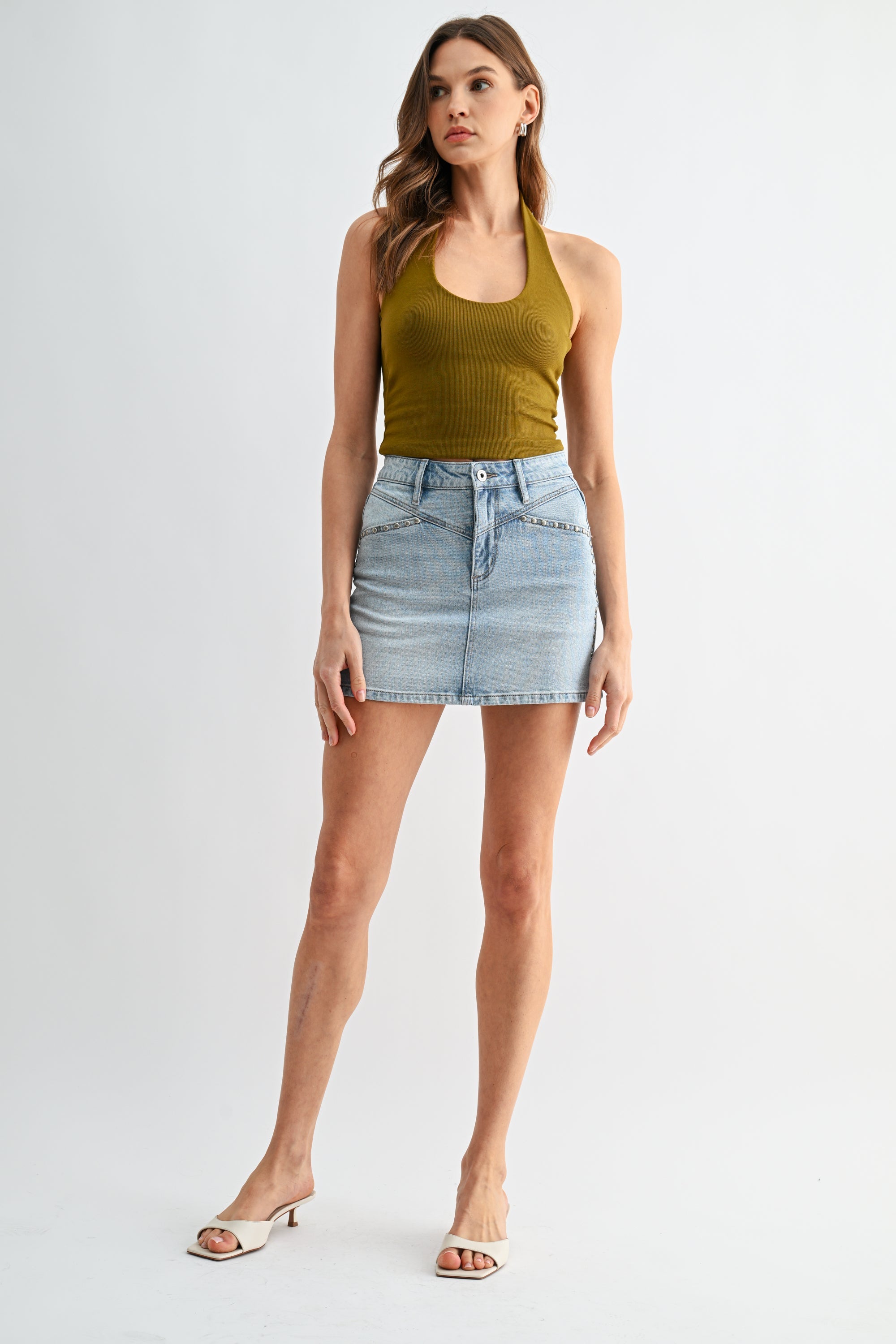 Mica Denim High Rise Mini Skirt Studded Yoke Secondary image