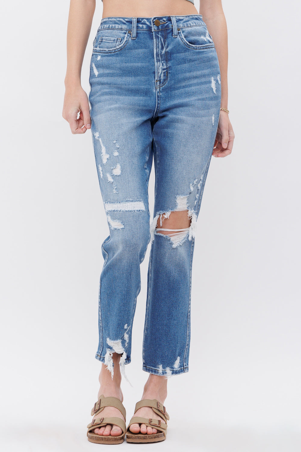 Mica Denim Stretch Super High Rise Mom Jeans with Mending Secondary image