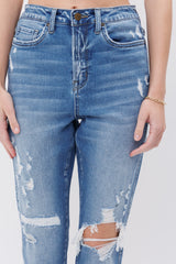 Stretch Super High Rise Mom Jean With Mending
