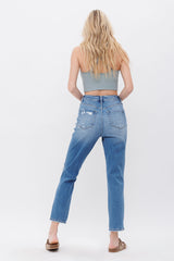 Stretch Super High Rise Mom Jean With Mending