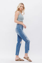 Stretch Super High Rise Mom Jean With Mending