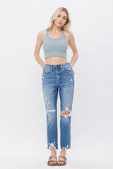Stretch Super High Rise Mom Jean With Mending
