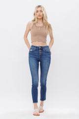 Mid Rise Crop Skinny With Button Up