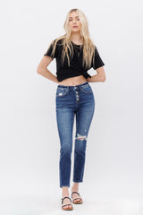 Mid Rise Ankle Skinny With Button Up