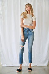 Mid Rise Ankle Skinny With Button Up