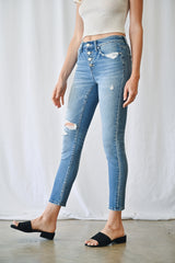 Mid Rise Ankle Skinny With Button Up