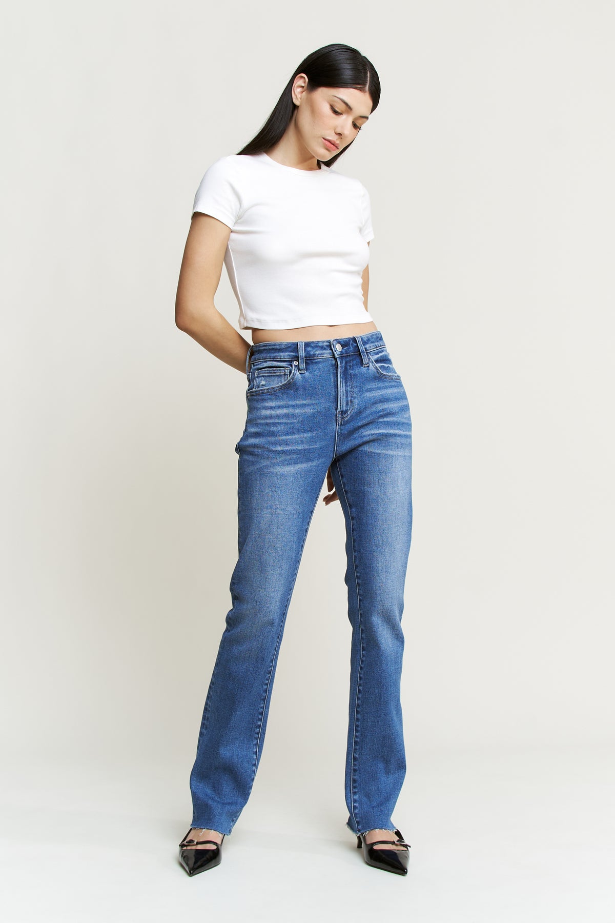 High Rise Raw Hem Straight Leg
