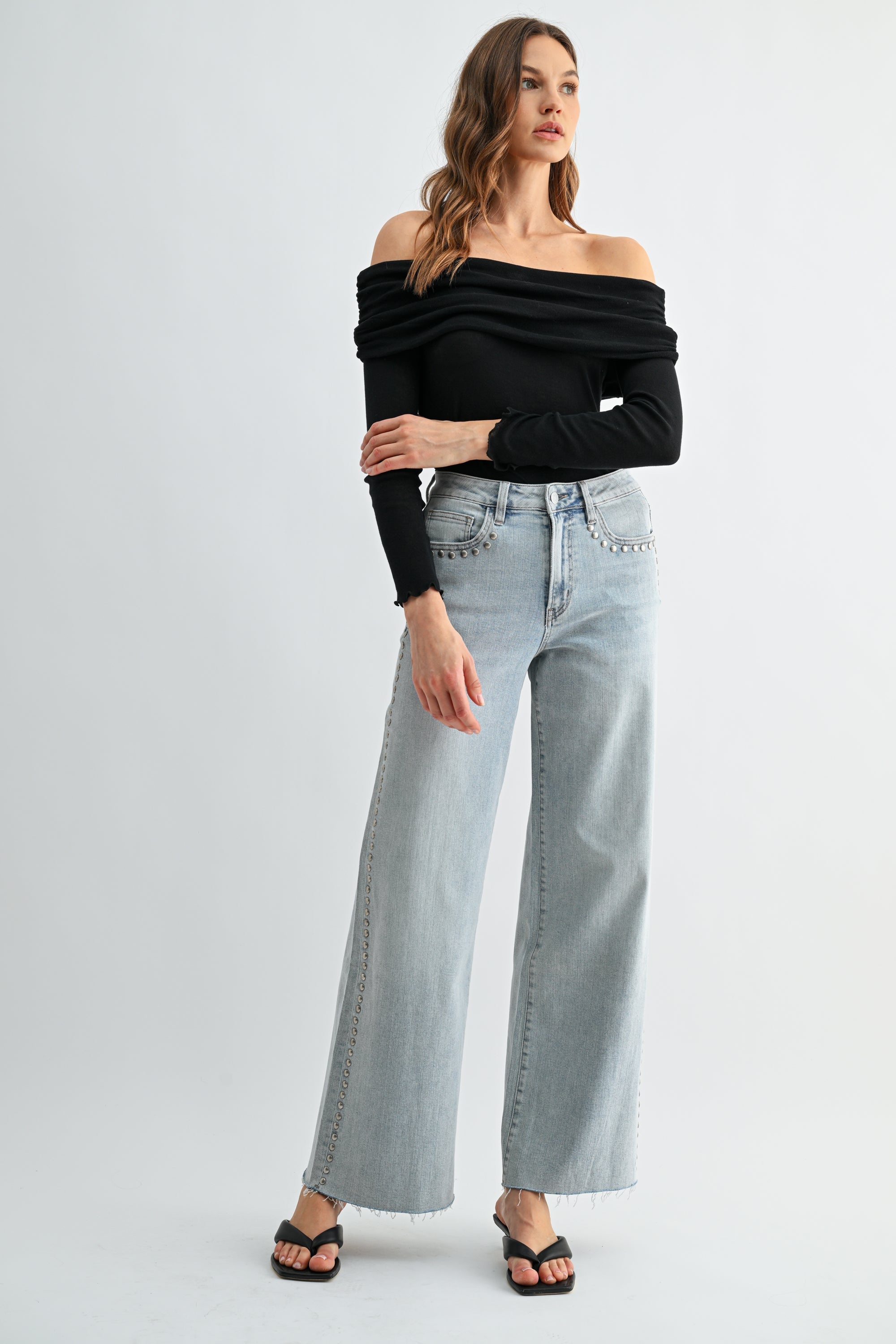 Mica Denim High Rise Wide Leg Raw Hem Studded Jeans Secondary image