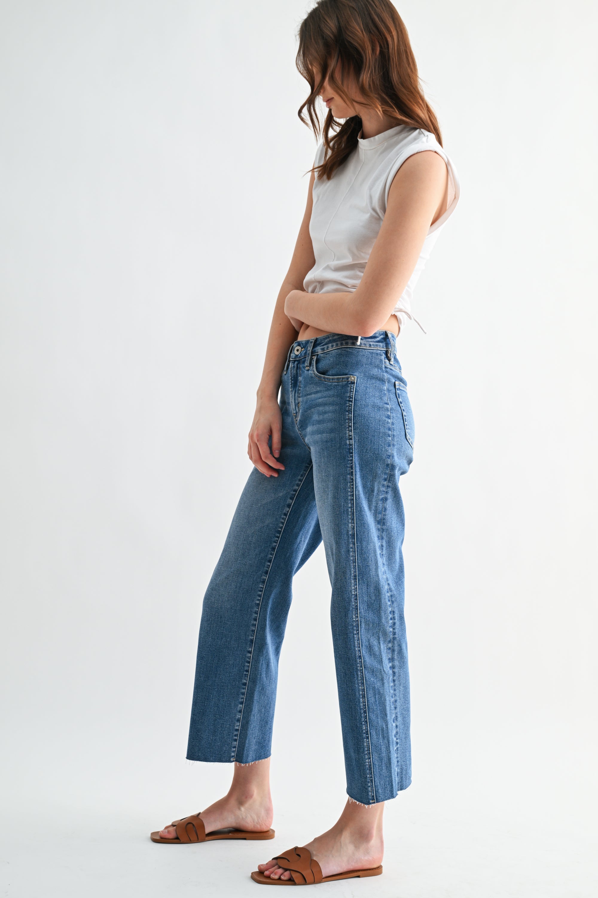 Mica Denim Mid Rise Straight Tummy Tuck Crop Loose Fit Raw Hem Secondary image