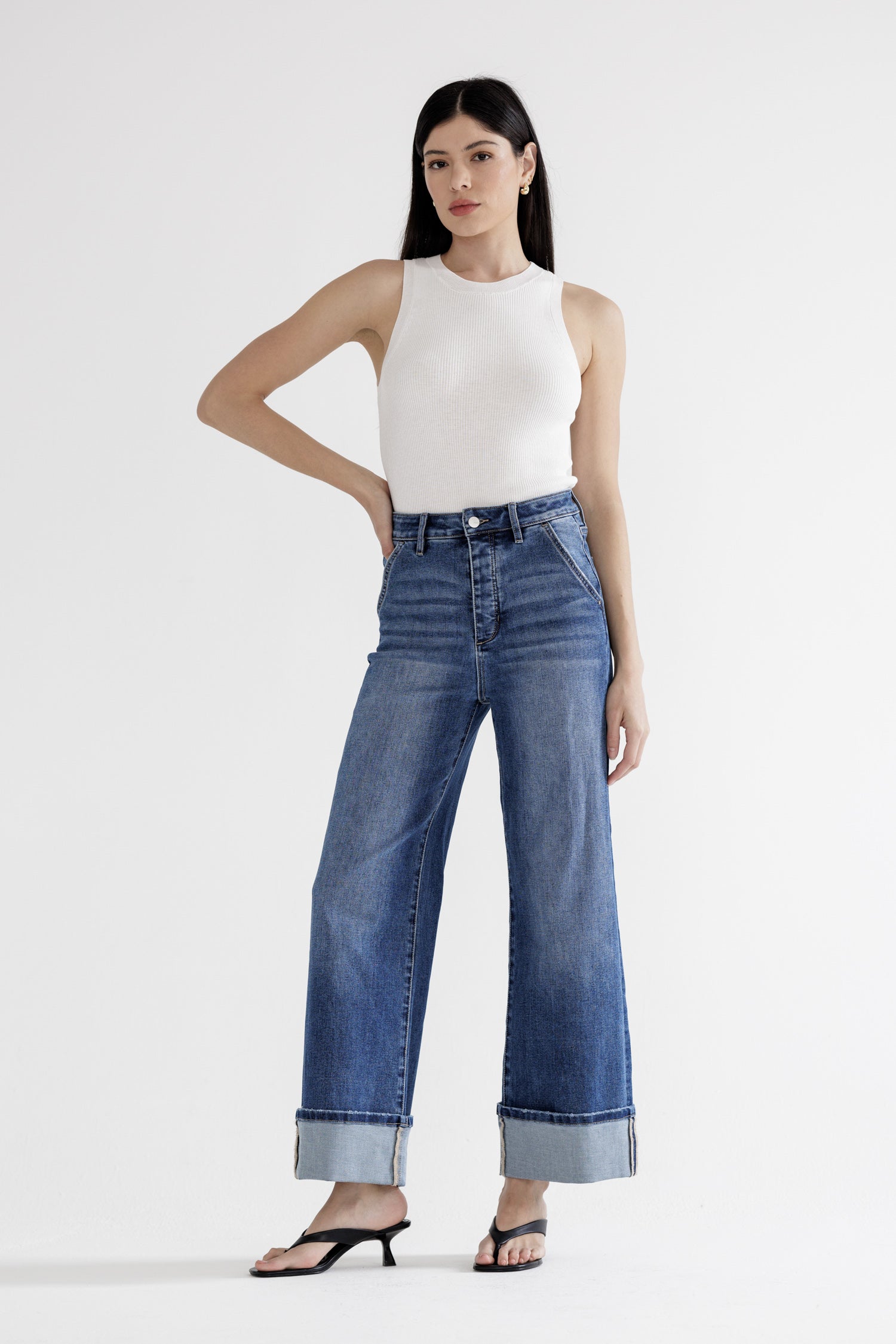 Mica Denim Super High Rise Wide Cuffed Leg Hidden Button - Tummy Tuck Secondary image
