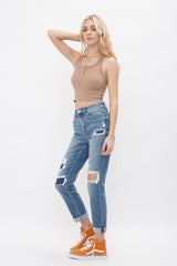 MID RISE BOYFRIEND CROP W/ DOUBLE CUFF REPAIRED PATCH