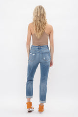 MID RISE BOYFRIEND CROP W/ DOUBLE CUFF REPAIRED PATCH